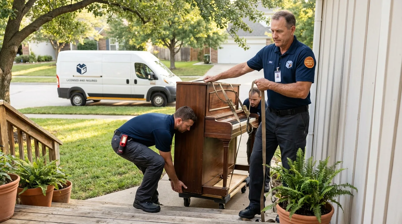 Licensed piano movers securing grand piano in Buna, TX