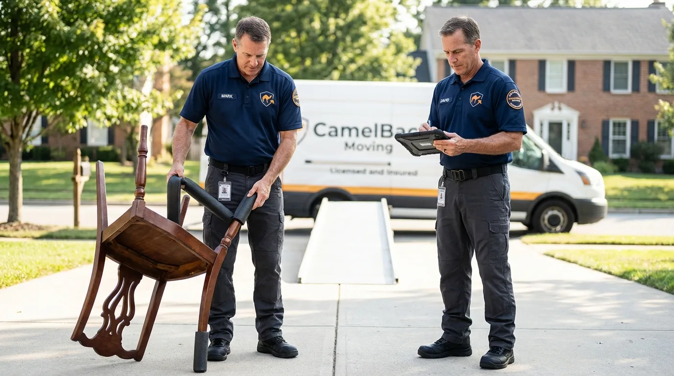 Movers inspecting furniture for damage prevention before loading in Buna, TX