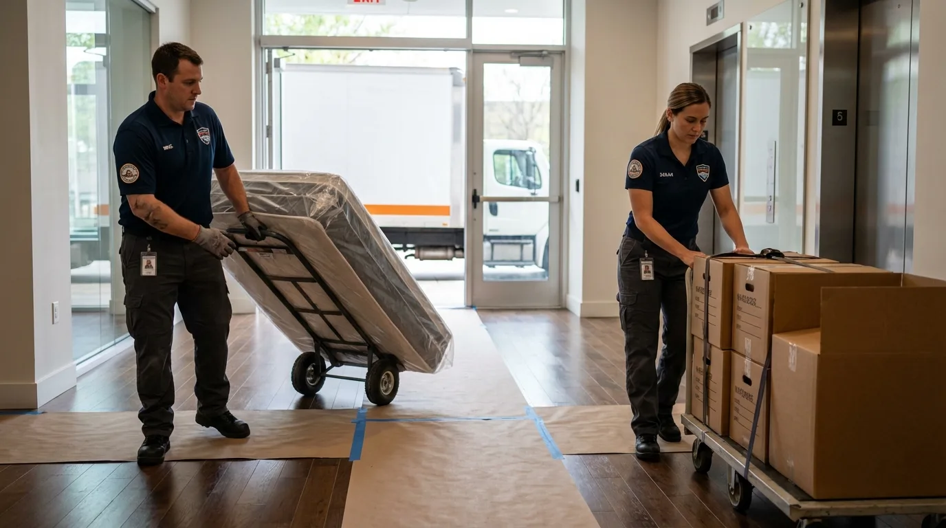 Professional apartment movers loading elevator in Buna, TX