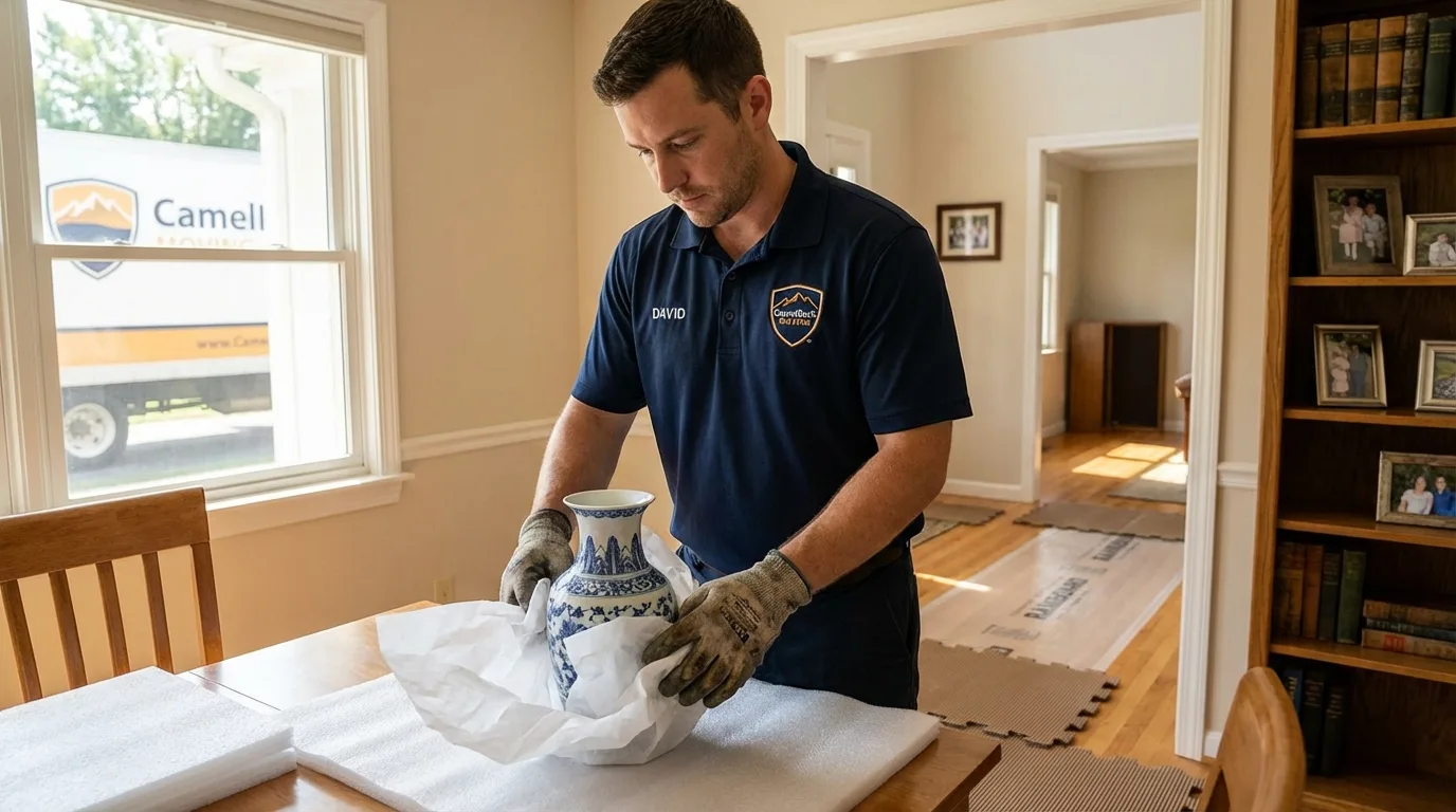 Professional crew carefully wrapping antique vase for senior downsizing move in Buna, TX